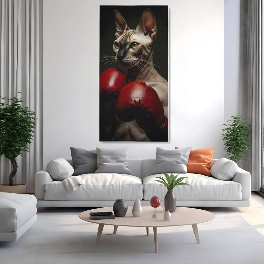 Tablou canvas cu tablou canvas cu motan sphynx boxer, in rama de aluminiu argintiu, pe perete intr-un living